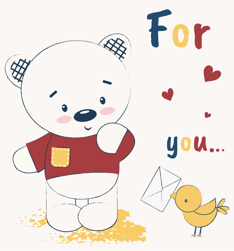 可爱的泰迪熊和一只有字母矢量的鸟
