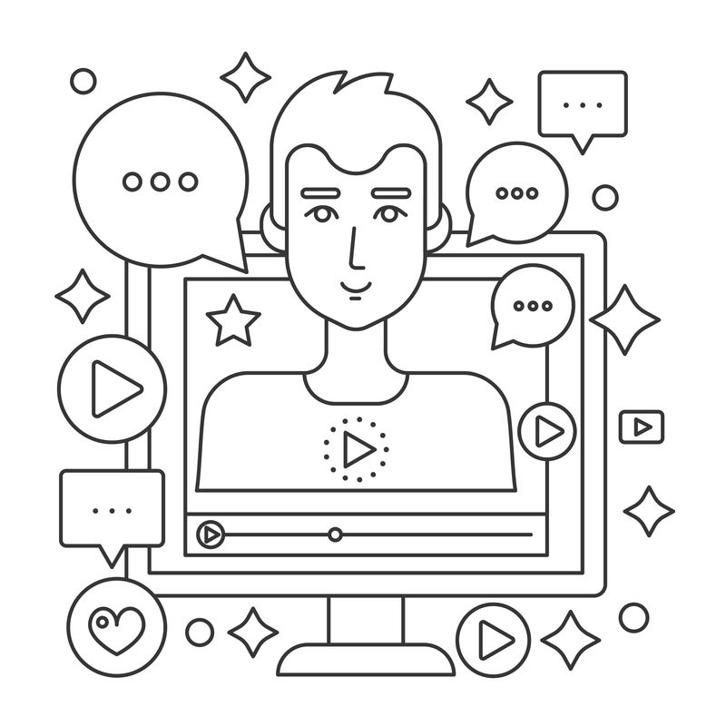 视频博客瘦线网络概念与男性博主一起的电脑屏幕矢量