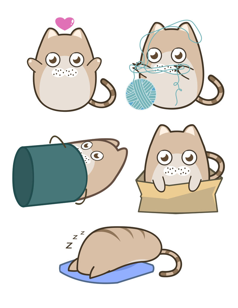 可爱的胖圆棕色猫系列猫式拥抱玩线球入桶坐在盒子里睡觉卡通人物设计平面简约风格矢量