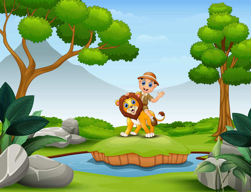 快乐的动物园管理员男孩和狮子在大自然中嬉戏