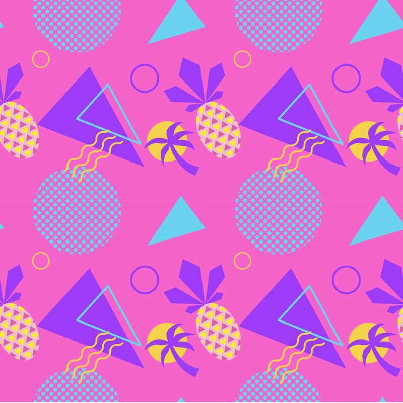 带菠萝和棕榈矢量的无缝彩色夏季图案