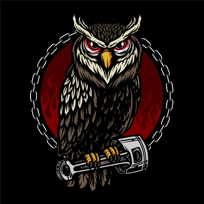 摩托车俱乐部t恤设计中的owl与活塞矢量