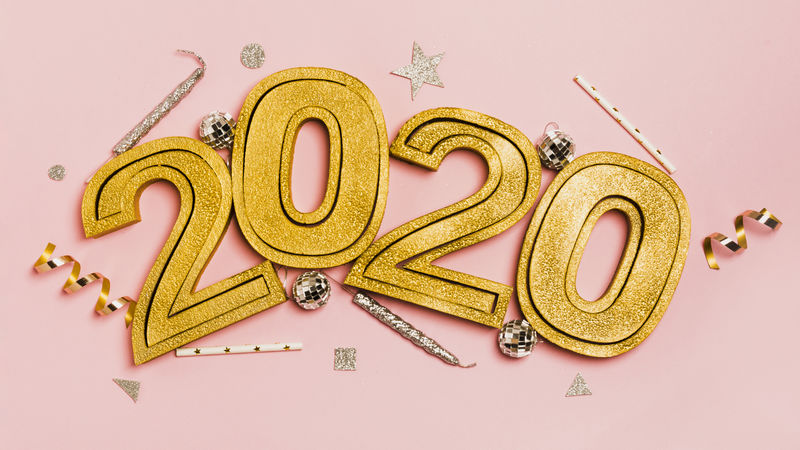 2020年新年快乐-金色的三维数字和五彩纸屑