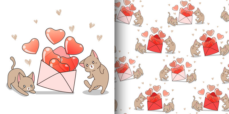 无缝图案的川爱猫与心形的爱情信封里面
