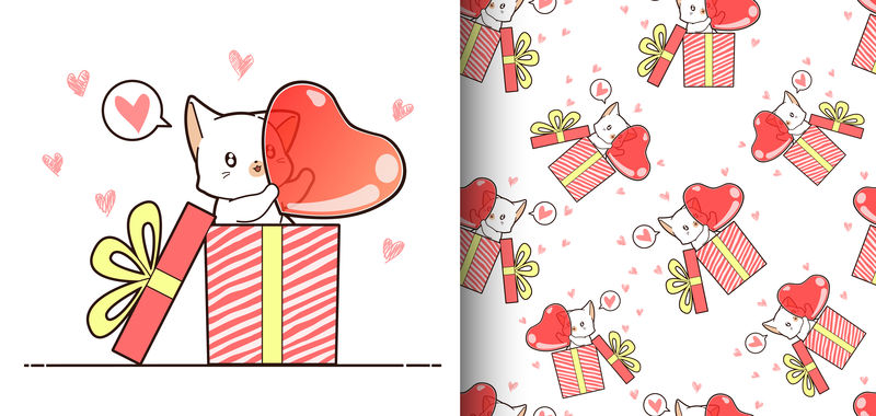 一只无缝图案的川崎猫在一个盒子里-在情人节的时候-这个盒子里装着一颗大心脏