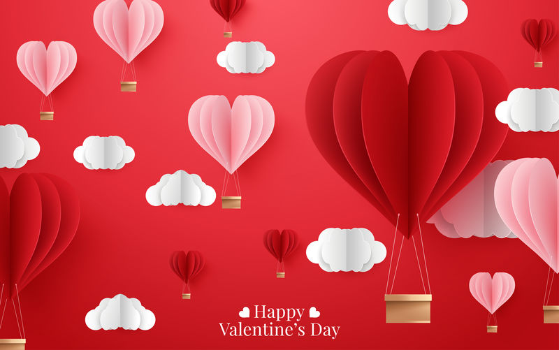 爱情和情人节的插图，折纸让热气球飞起来。矢量图示