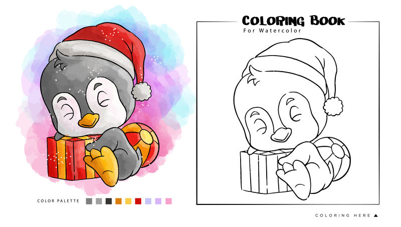 可爱的企鹅与礼物穿圣诞老人的帽子卡通插图水彩着色书