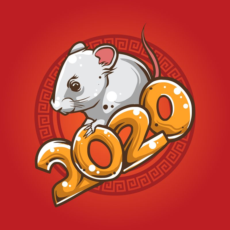 中国2020年新年贺卡包装盒平面卡通风格豪华金色搞笑老鼠图案-祝你节日快乐-老鼠