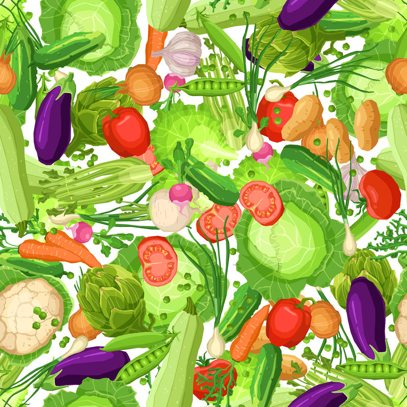 白色背景下不同新鲜蔬菜、健康生活方式和有机食物质地、素食模式的无缝矢量图案