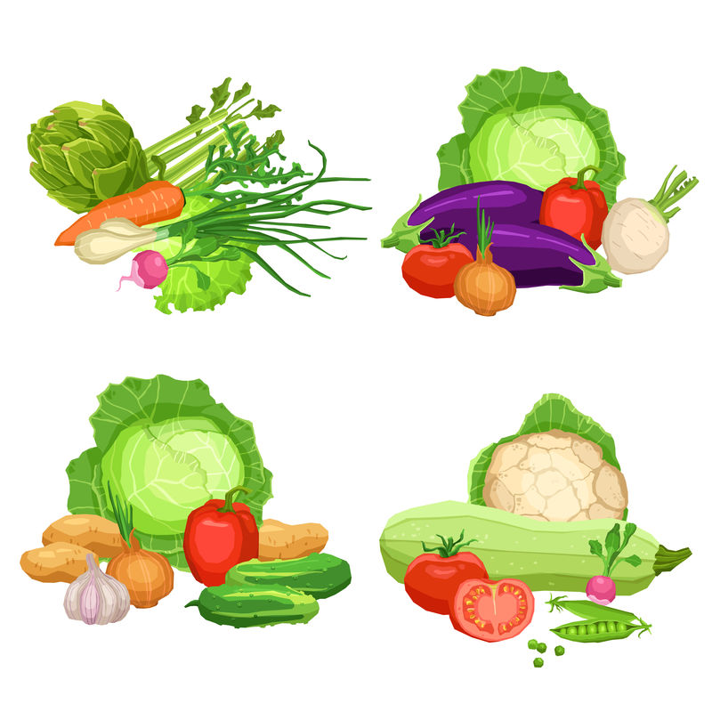 收集平面新鲜蔬菜-静物蔬菜插图-健康素食理念