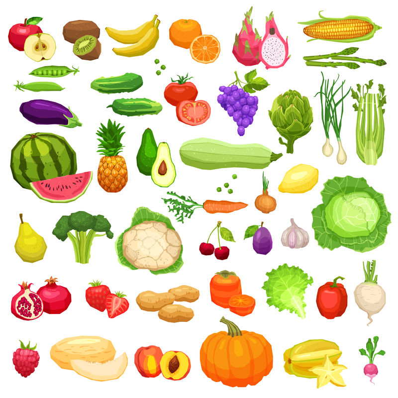 蔬菜和水果大图标设置在白色背景的平面风格-健康素食系列