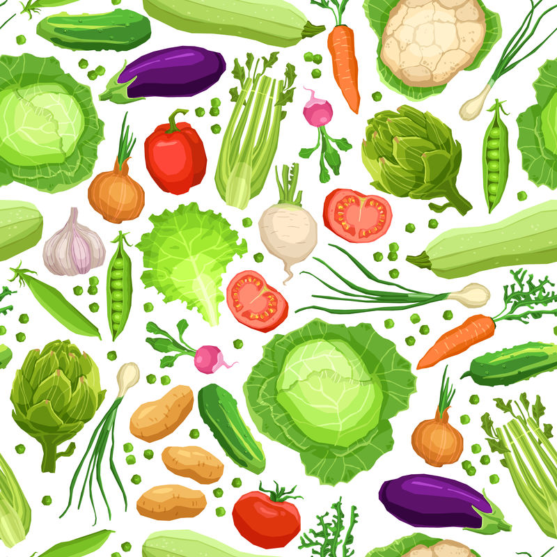 无缝图案-白底新鲜蔬菜-健康有机食品质地-素食图案