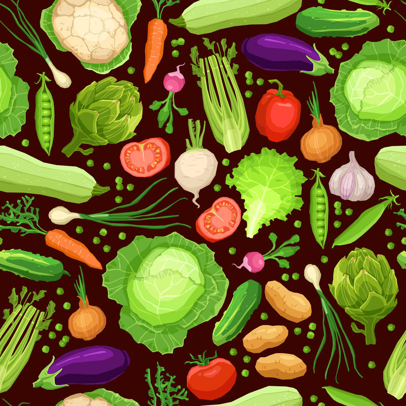 暗背景下不同新鲜蔬菜、健康生活方式和有机食物质地、素食模式的无缝矢量图案