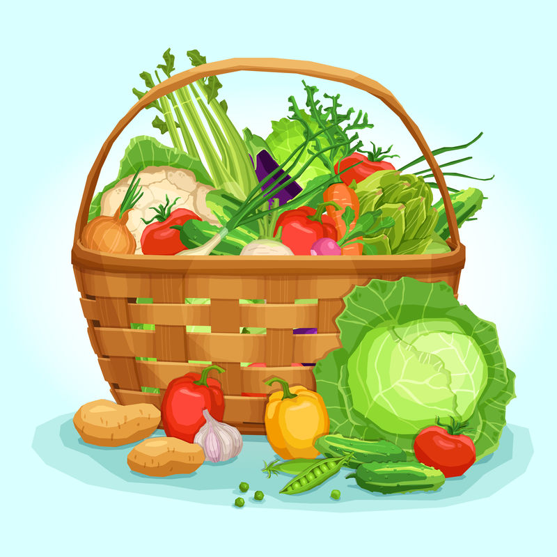 柳条篮中的新鲜蔬菜-矢量图