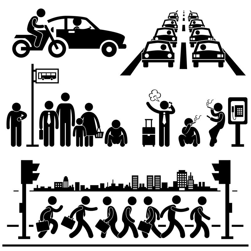 都市生活都市繁华街道交通繁忙高峰时段人贴人物象形图标