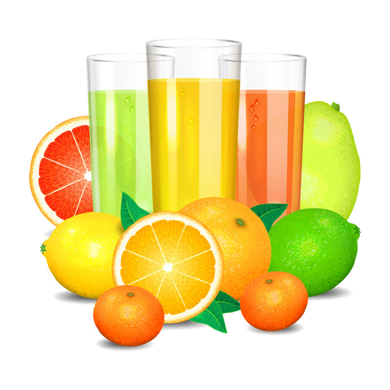 新鲜柑橘汁和水果。柑橘类水果（橙子、柠檬、柠檬）