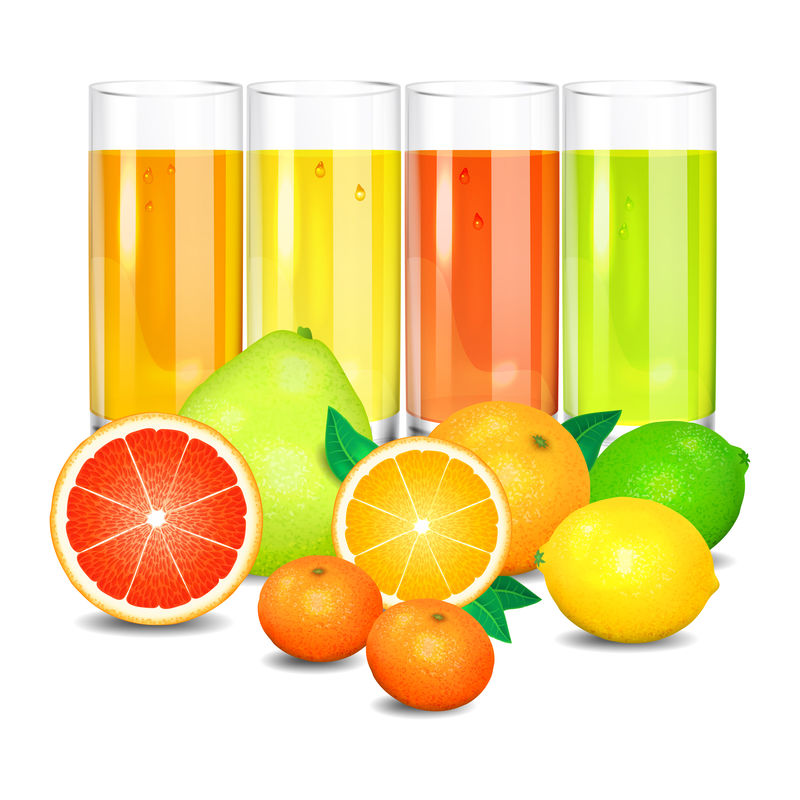 新鲜柑橘汁和水果。柑橘类水果（橙子、柠檬、柠檬）