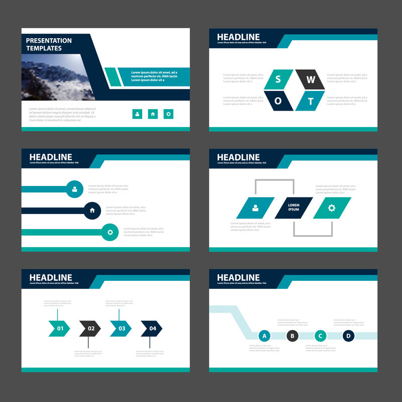 蓝绿色演示模板信息图形元素平面设计集-用于宣传小册子传单营销广告