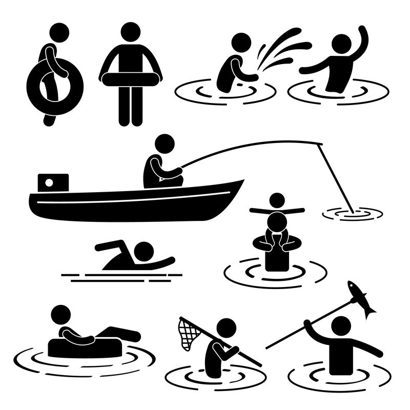 人民儿童休闲游泳垂钓嬉水棒人物象形图标