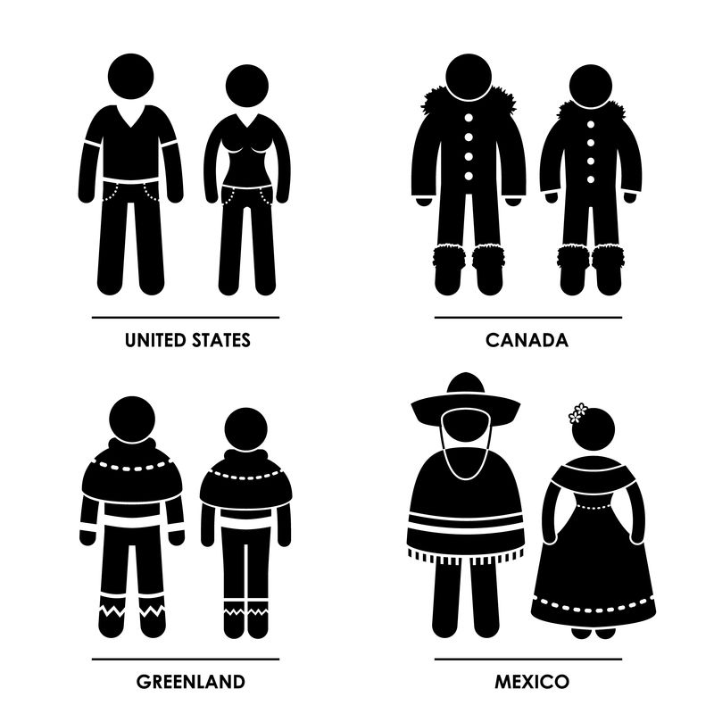 北美洲-美国加拿大格陵兰墨西哥男子妇女传统服装服饰图标符号符号象形图