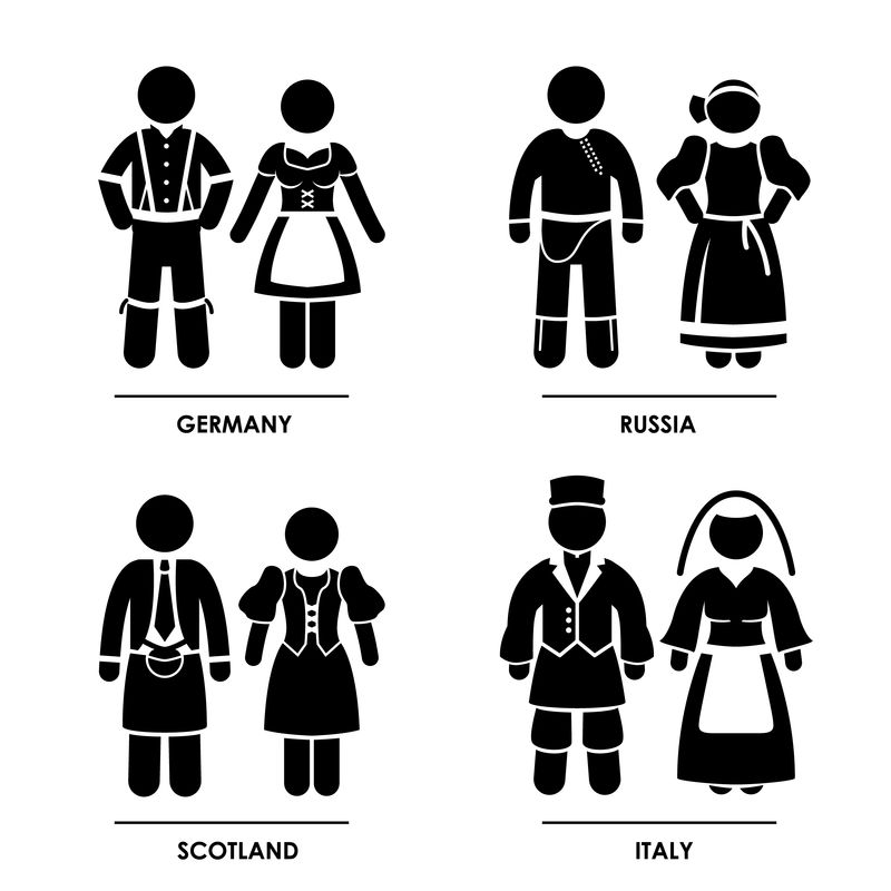 欧洲-德国俄罗斯苏格兰意大利男人女人传统服装服装图标符号标志象形图