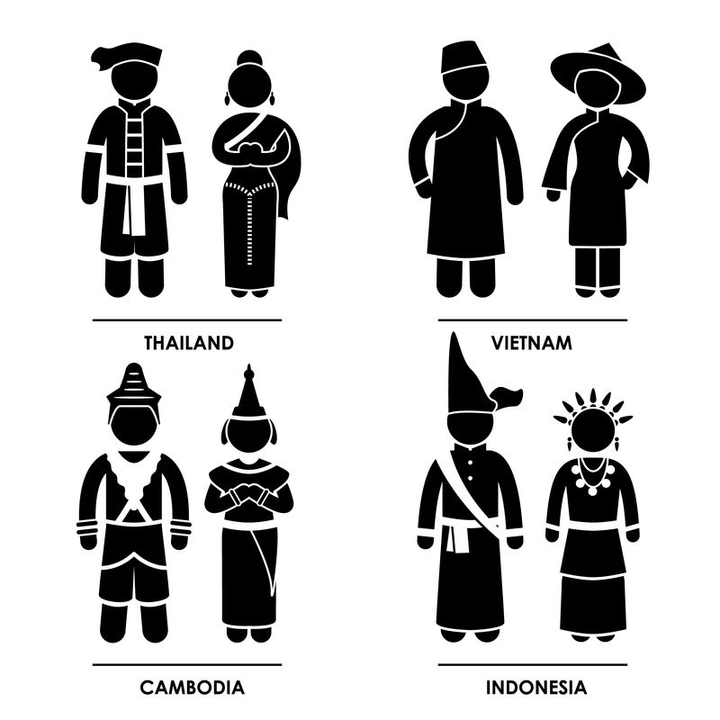 东南亚-泰国越南柬埔寨印尼男女老少传统服饰服饰图标符号标志象形图