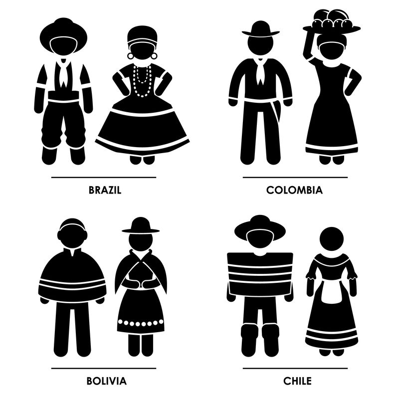 南美-巴西哥伦比亚玻利维亚智利男子女子传统服装服饰图标符号标志象形图