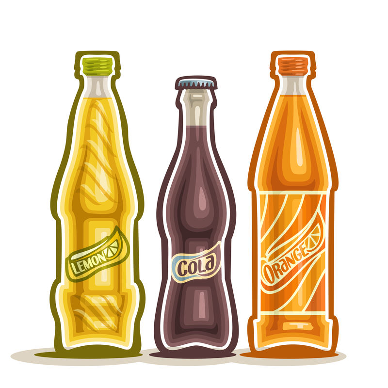 关于碳酸饮料商标主题的矢量插图-由三个白色背景上的苏打饮料的封闭玻璃瓶组成-一套碳酸饮料瓶-可乐-柠檬水