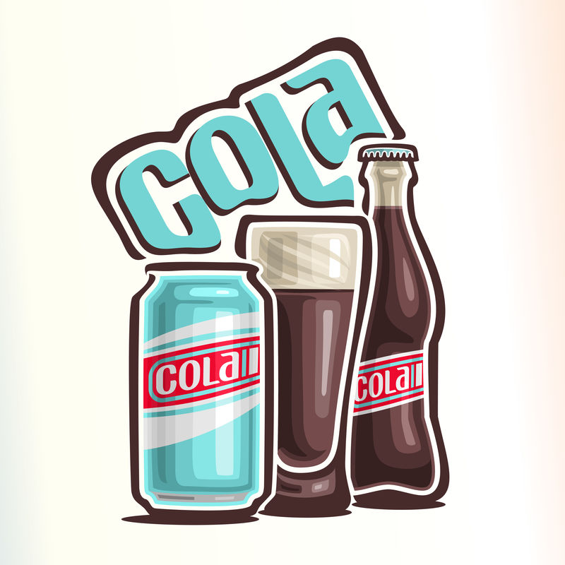可乐商标主题的矢量插图-包括可乐罐、装饮料的玻璃杯和密封的泡沫饮料玻璃瓶
