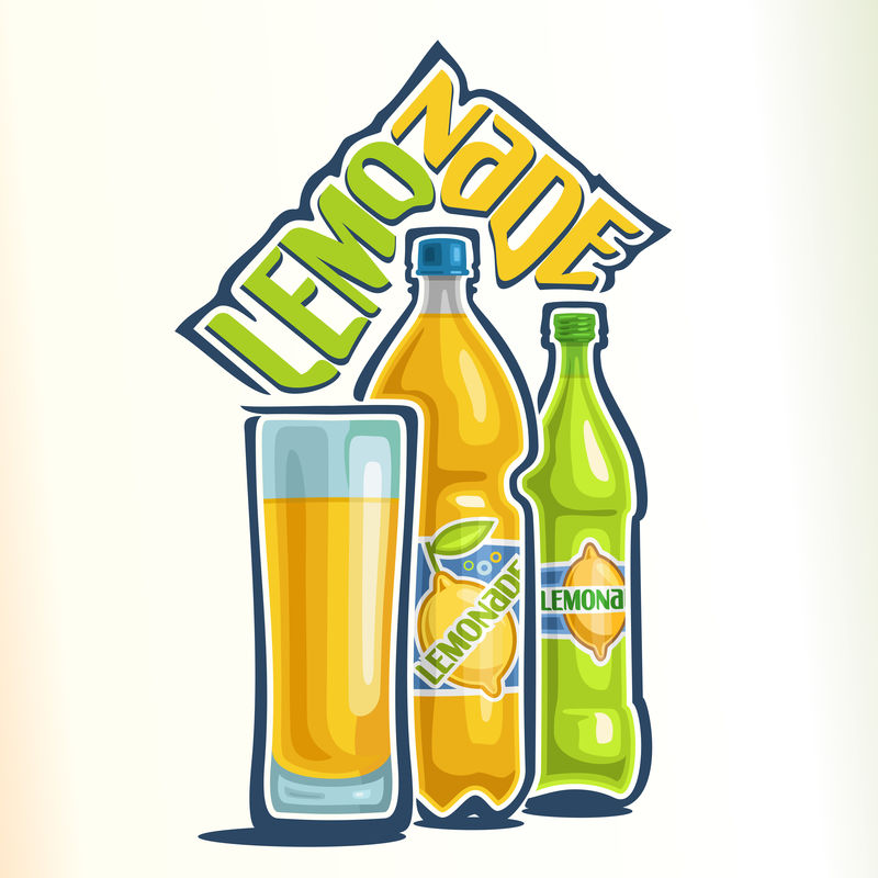 关于柠檬水图案主题的矢量插图-带有铭文-由装满柠檬水的玻璃杯、黄色塑料瓶和绿色玻璃瓶组成