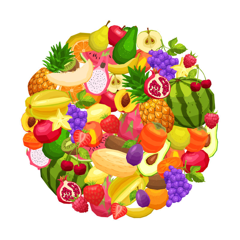 新鲜水果圆形-扁平-健康素食理念-健康的生活方式
