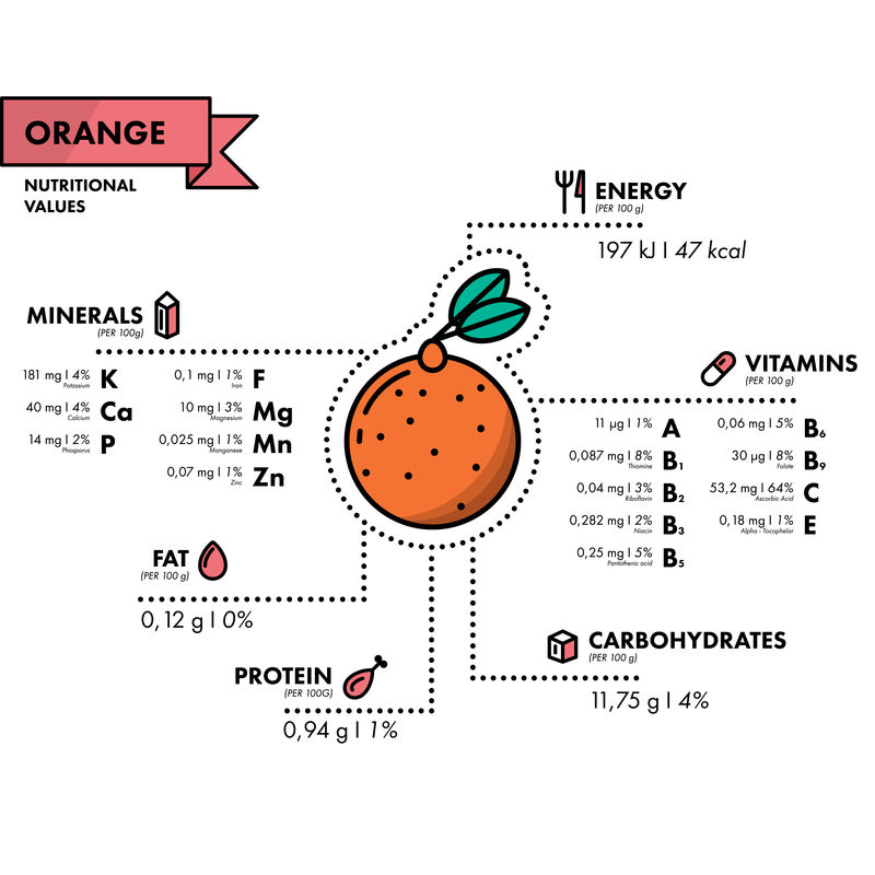 橙色-营养信息。健康饮食。
