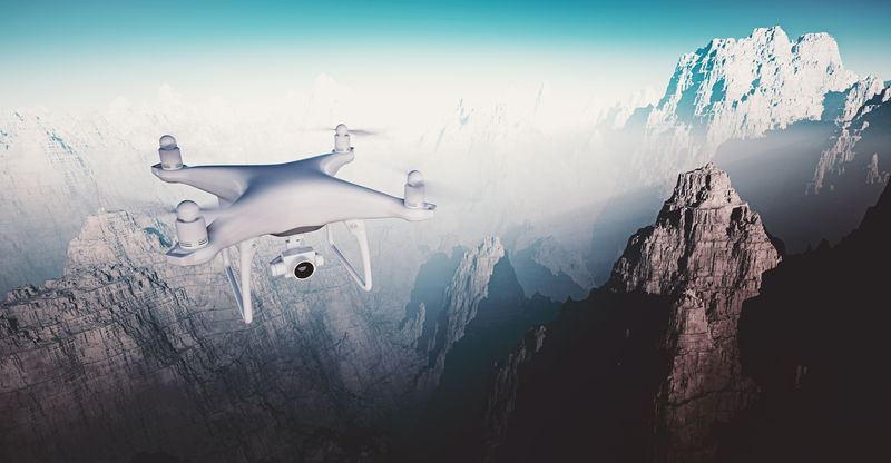 图为白色哑光通用设计现代遥控无人机，相机在地面下的天空中飞行。大峡谷背景。水平，前顶角视图。电影效果。三维渲染。