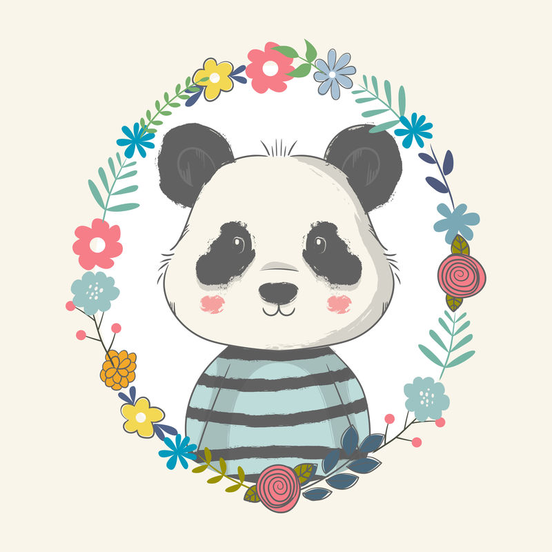 矢量手绘插图一个可爱的小熊猫与花。