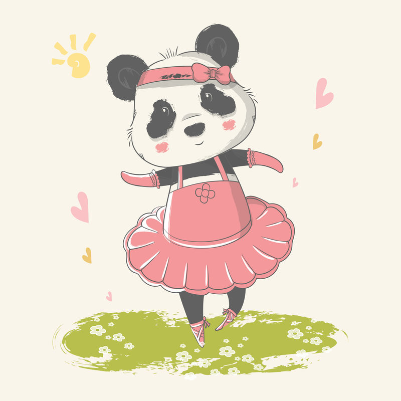 一个可爱的芭蕾舞熊猫宝宝的矢量手绘插图。