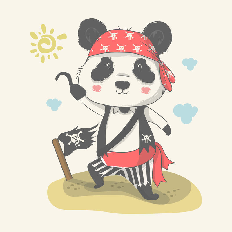 矢量手绘插图一个可爱的小熊猫与海盗习俗。