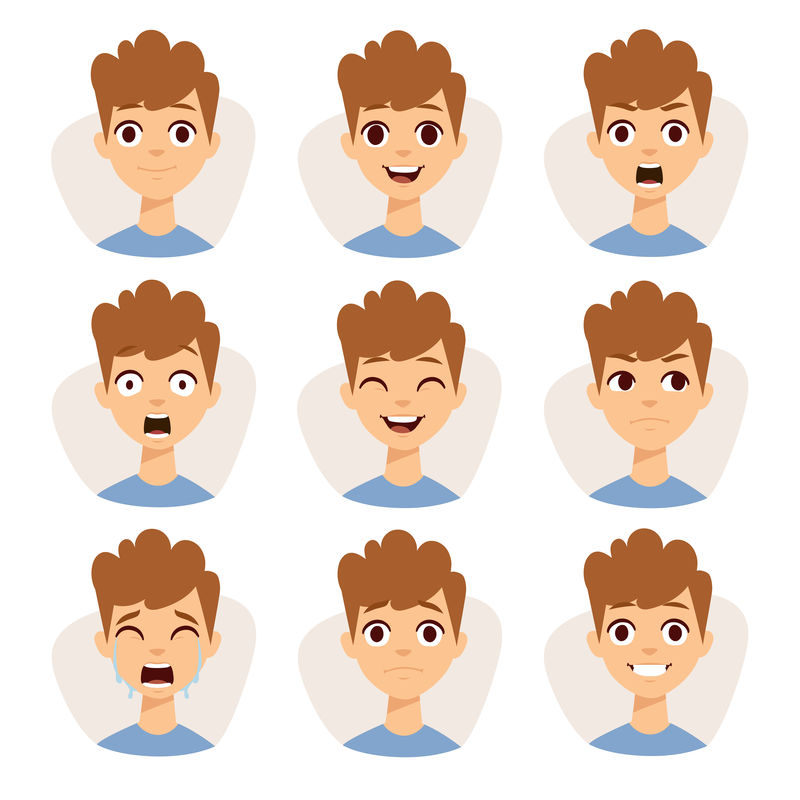 一组男性表情符号-卡通风格的情感图标-有着不同面部表情的孤立男孩化身-平面插图男性的情绪化面孔-手绘矢量图表情符号