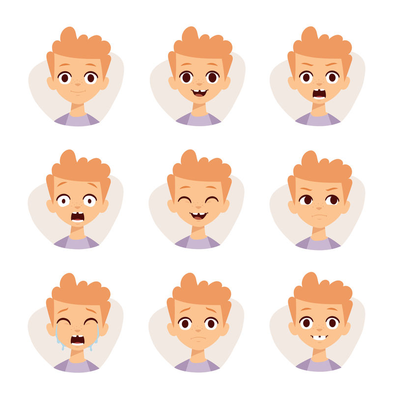 一组男性表情符号-卡通风格的情感图标-孤立的姜男孩化身与不同的面部表情-平面插图男性情绪化的面孔-手绘矢量图表情符号