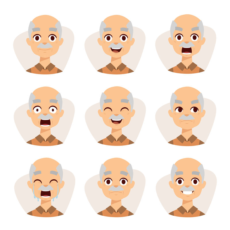 爷爷的表情-不同表情的高级男性卡通人物-矢量图解-六选三