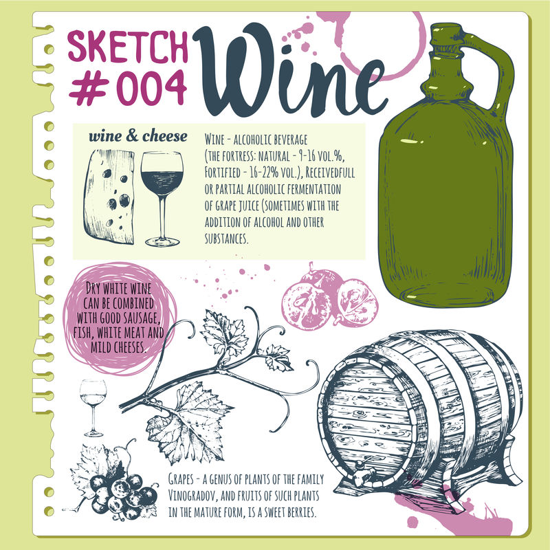 素描本，带有素描风格的酿酒产品。