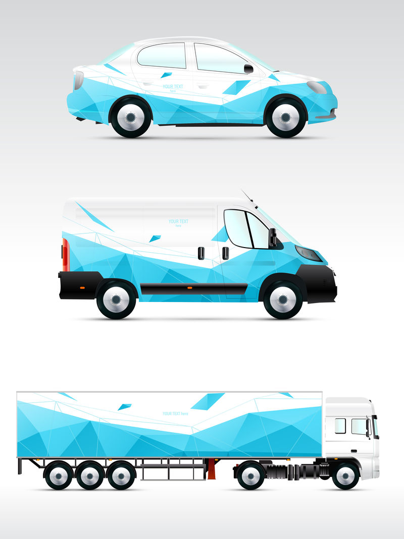 用于传输的设计模板集-客车、公共汽车和货车模型-为广告和企业形象打品牌-具有几何形状的图形元素