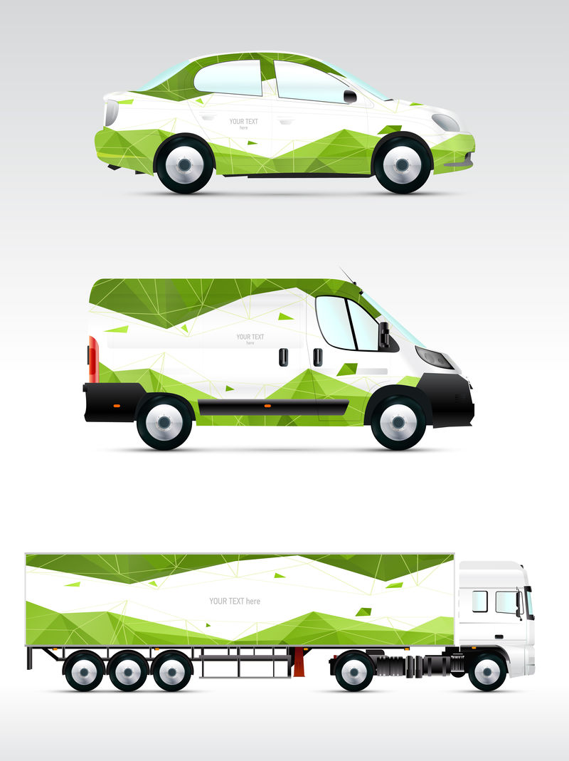 用于传输的设计模板集-客车、公共汽车和货车模型-为广告和企业形象打品牌-带纸折角的图形元素