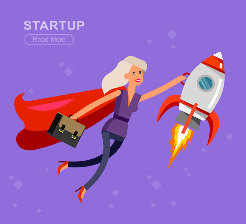 矢量详细性格创业女性-平面风格网站横幅启动概念网页信息图形-女企业家英雄火箭飞行