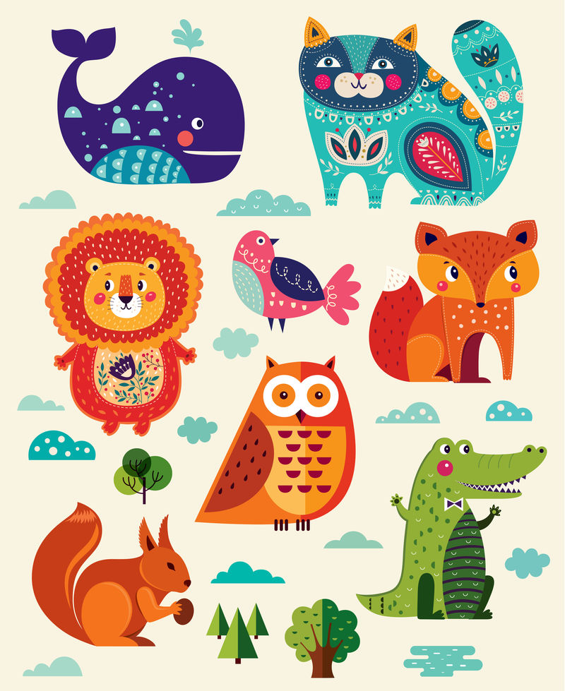 卡通天真风格的完美矢量插图集-有有趣的动物和鸟类-可爱可爱的动物：狮子-狐狸-猫头鹰-鸟-鳄鱼-松鼠-鲸鱼和猫