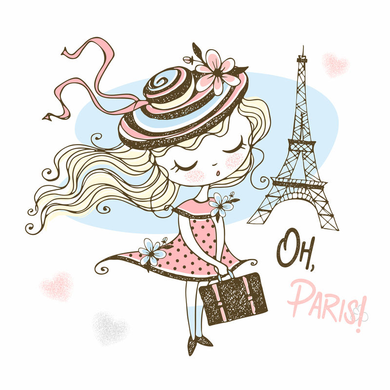 巴黎戴着帽子带着手提箱的可爱女孩。旅行。矢量