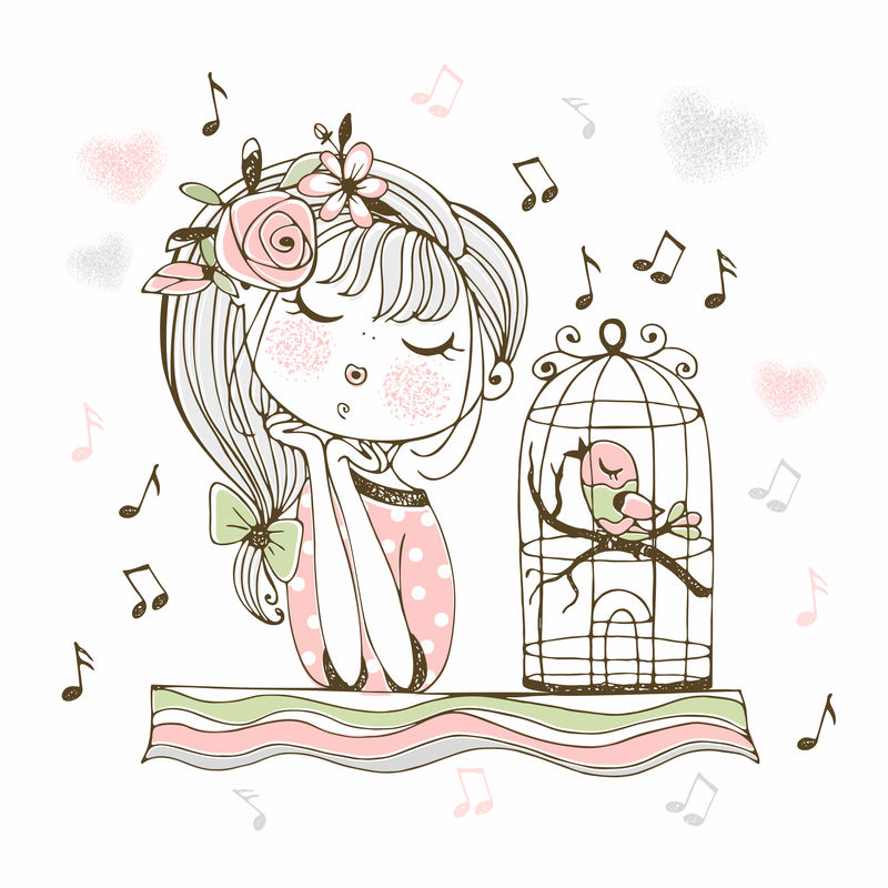 一个可爱的女孩在笼子里听鸟唱歌。矢量