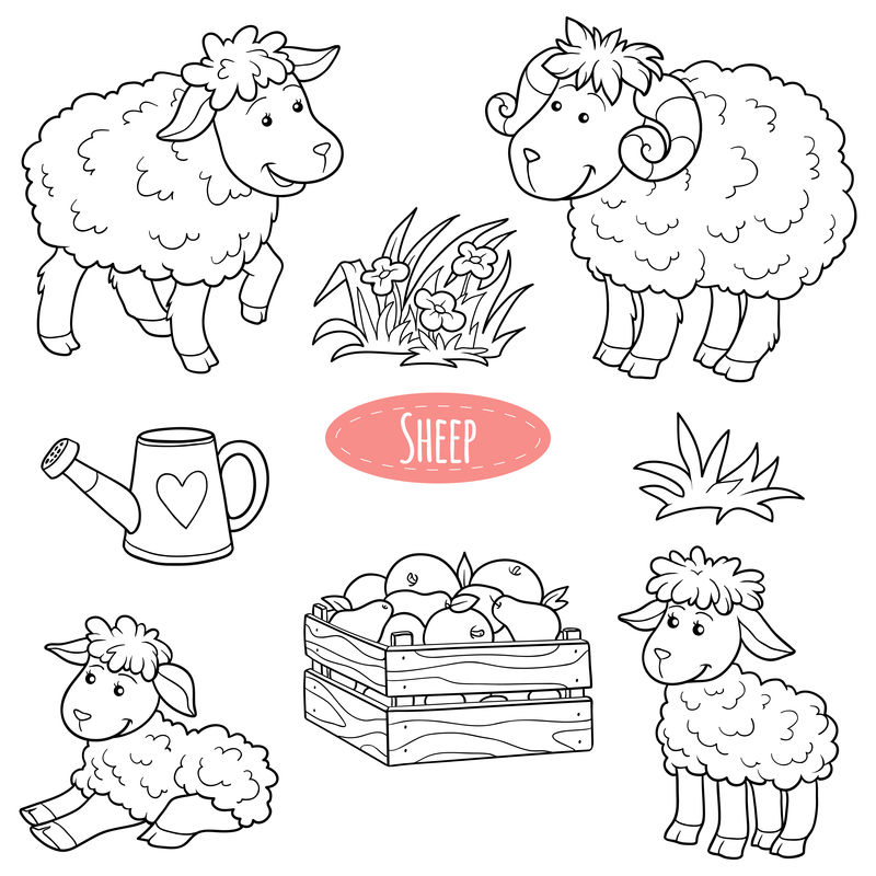 一套可爱的农场动物和物品，媒介家绵羊