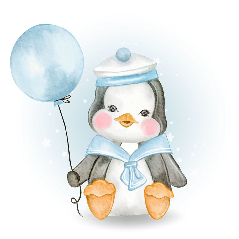 可爱的小企鹅，穿着海军制服，拿着气球