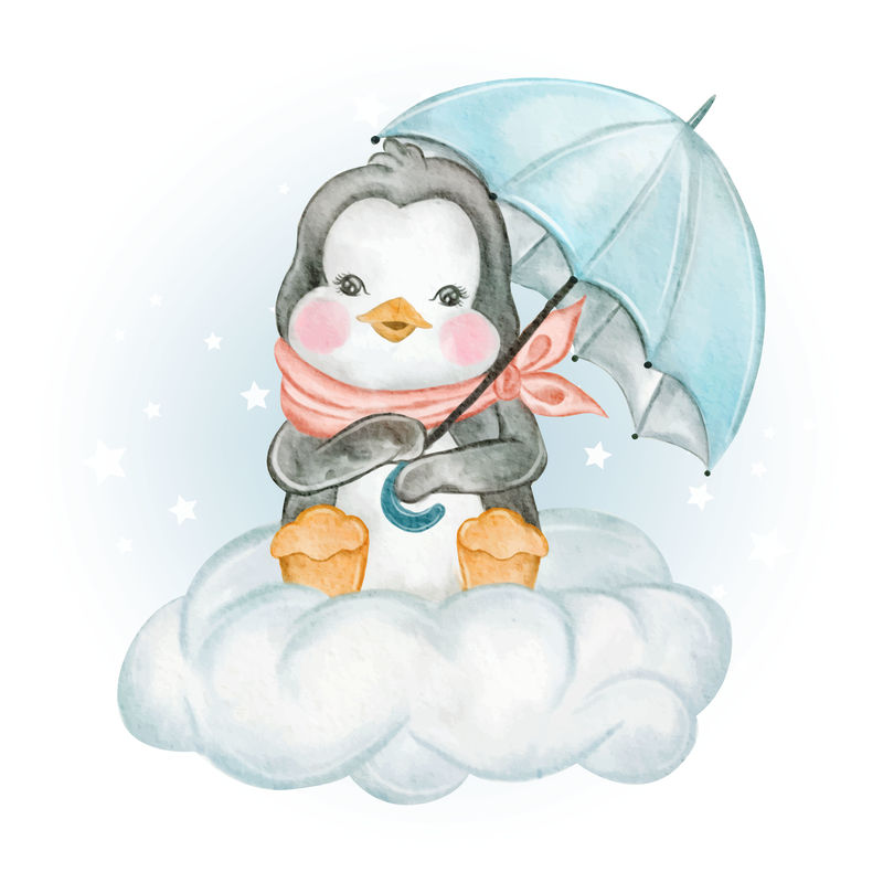 小企鹅带着伞坐在云端