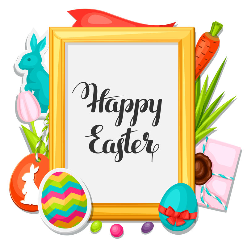 复活节快乐相框配有装饰物、彩蛋、兔子贴纸。概念可用于节日请柬和海报
